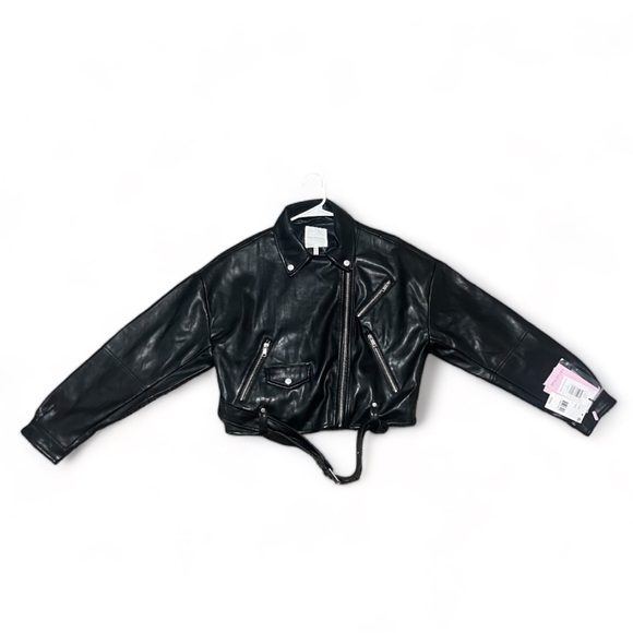 Avec Les Filles Oversized Faux Leather Cropped Biker Jacket - Black - M - Picture 5 of 11